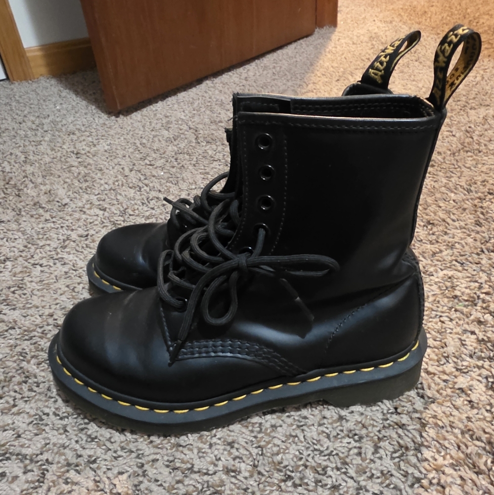 Black Leather Boots with Yellow Stitching